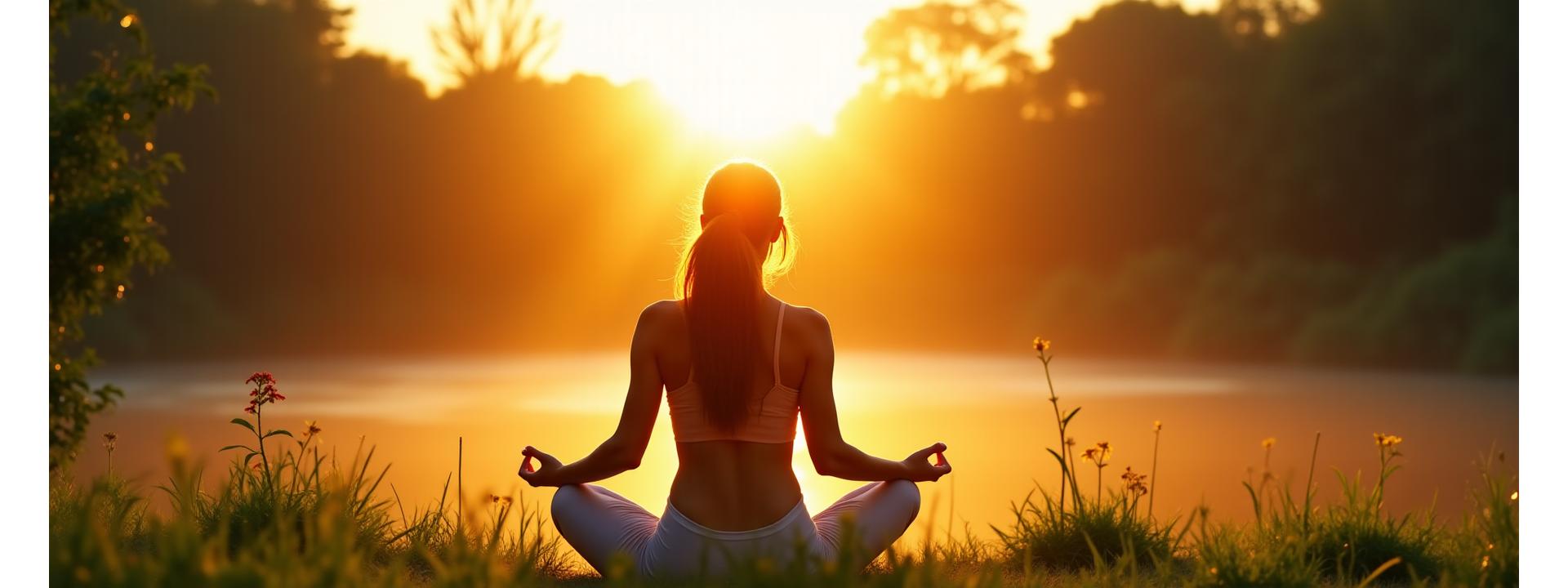 Persona sonriendo y meditando en un entorno sereno, con luz cálida
