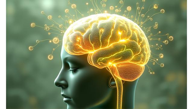 Infografía artística mostrando el cerebro humano y diferentes alimentos conectados por líneas luminosas, simbolizando la relación entre nutrición y neurotransmisores como serotonina y GABA.