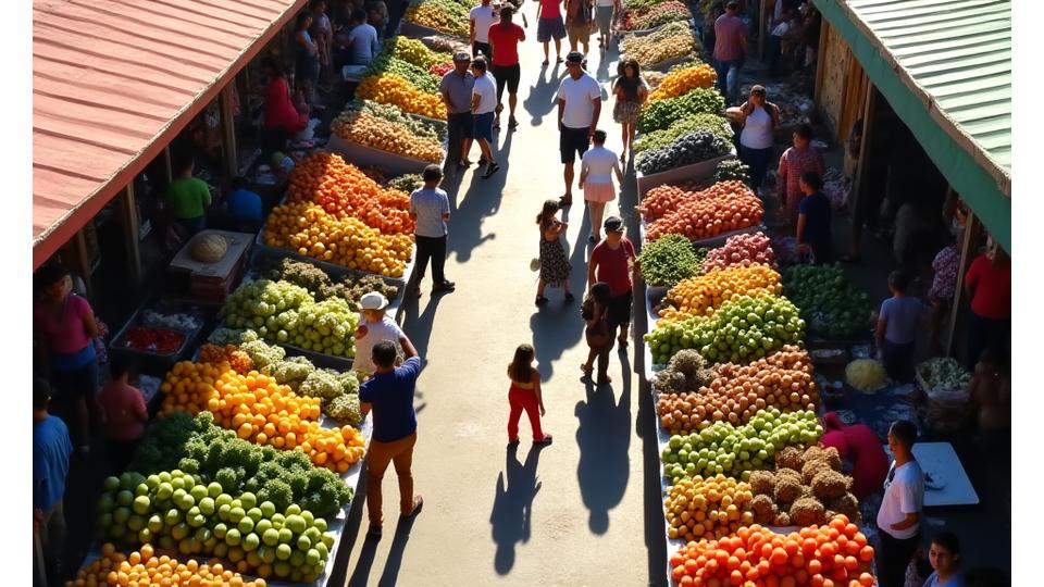 Vista aérea colorida de un mercado tradicional en Villahermosa, Tabasco, con puestos llenos de frutas, verduras y productos frescos locales.