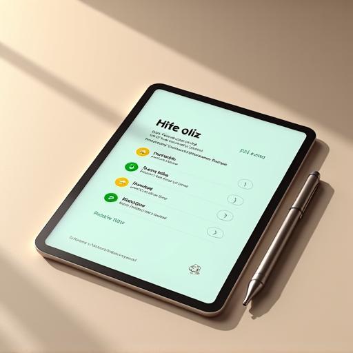 Una tableta mostrando una interfaz de quiz con opciones de alimentos y un lápiz, sugeriendo personalización.