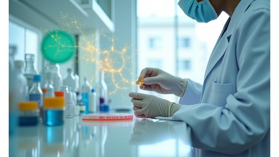 Manos de científico examinando muestras en un laboratorio, con un gráfico abstracto del eje intestino-cerebro superpuesto.