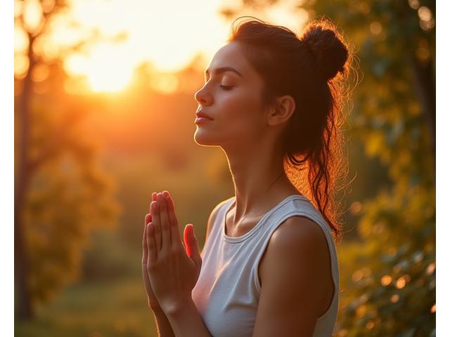 Mujer sonriendo pacíficamente mientras medita en un entorno natural con colores suaves