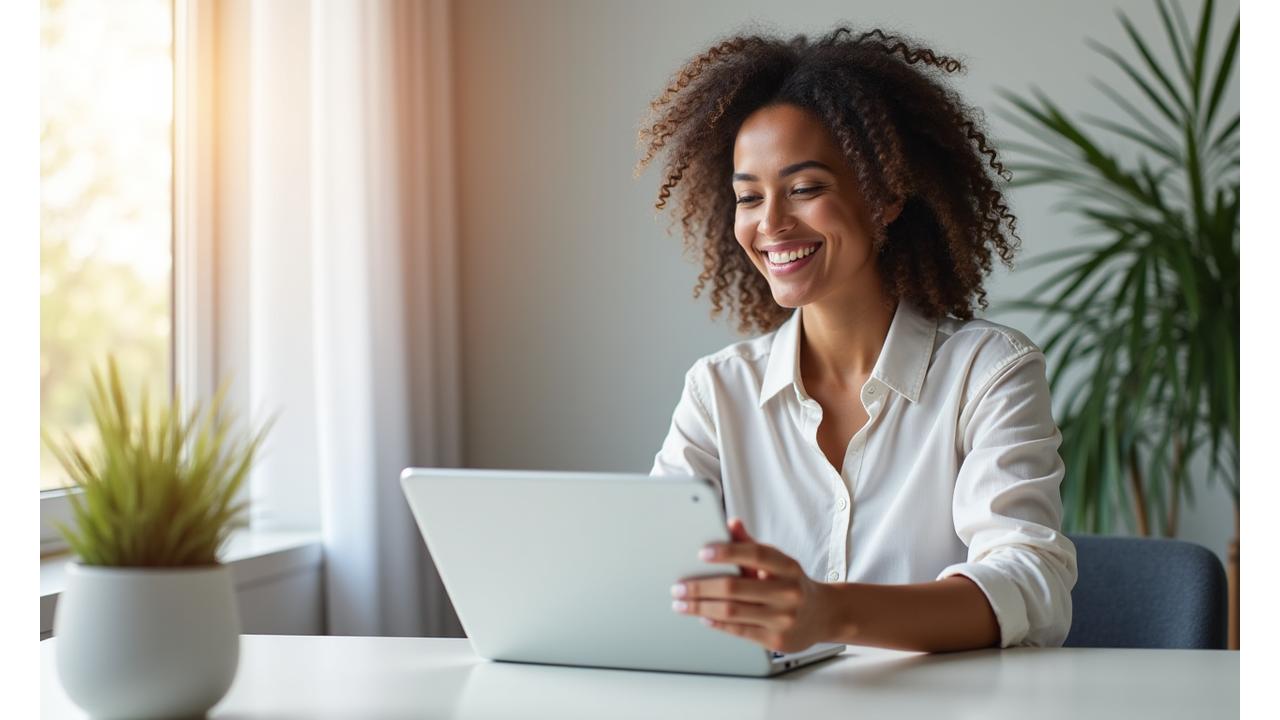 Persona sonriendo y conversando a través de una videollamada en una tableta, con un fondo suave y natural
