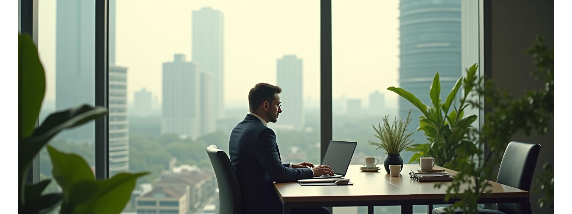 Profesional ejecutivo enfocado trabajando en una oficina moderna, con plantas y mucha luz natural, representando éxito y bienestar