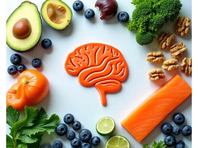 Ilustración de un cerebro humano conectado a alimentos saludables como aguacate, nueces y bayas, representando la nutrición cognitiva