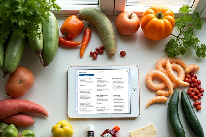 Mesa con ejemplos de planes alimenticios saludables personalizados, recetas con ingredientes frescos y locales de Villahermosa, Tabasco.