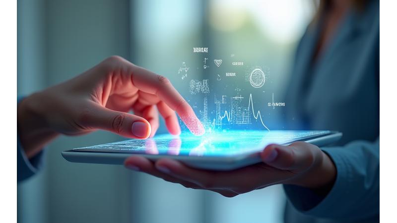 Una mano escribiendo en una tableta digital médica con iconos de datos flotando alrededor, simbolizando la gestión responsable de la información de salud.