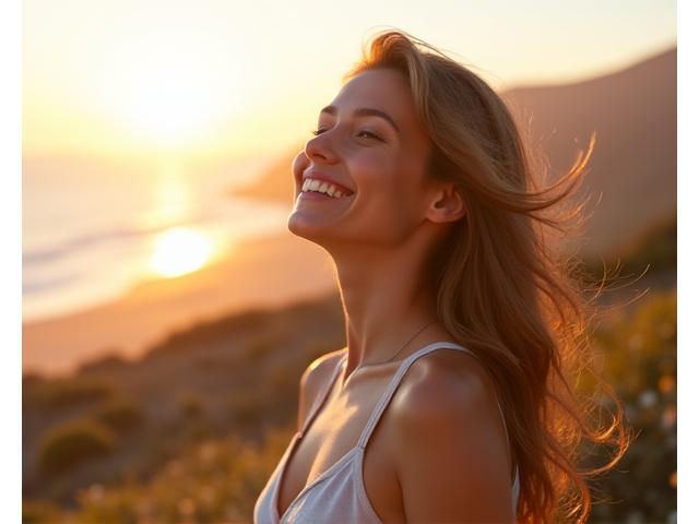 Mujer sonriente y relajada en un entorno natural al aire libre.