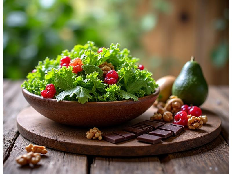 Mesa rústica con una variedad de alimentos frescos y coloridos como aguacates, nueces, vegetales de hoja verde y frutas, todos conocidos por sus propiedades anti-estrés.