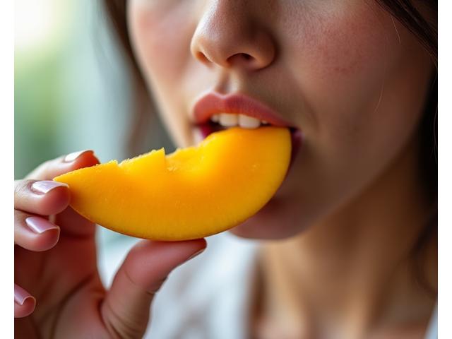 Mujer joven concentrada en observar una fruta antes de comerla, practicando la alimentación consciente.