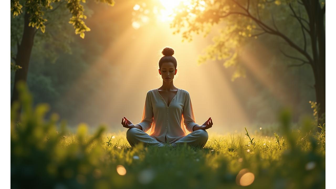 Ilustración de una persona meditando en un entorno natural rodeado de elementos tecnológicos sutiles que representan neuroplasticidad y calma.