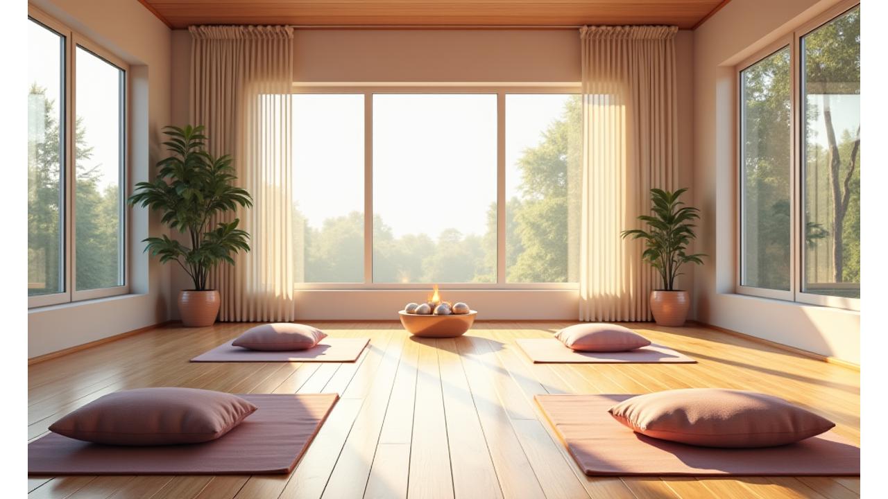 Área de talleres luminosa con colchonetas, cojines y materiales para actividades de mindfulness y nutrición.