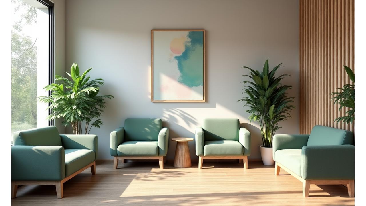 Sala de espera de Nahui Flow, con decoración serena, plantas y sillones cómodos.