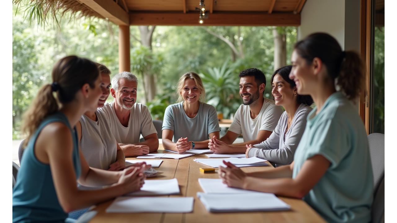 Grupo de personas sonriendo y participando en un taller, con un ambiente de aprendizaje alegre y colaborativo