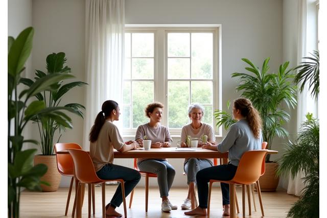 Interior de un estudio de bienestar con personas interactuando en un taller, ambiente cálido y natural