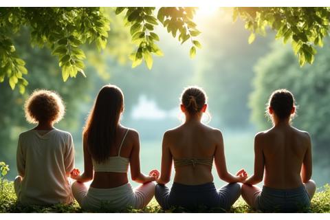 Grupo de personas practicando meditación en un jardín