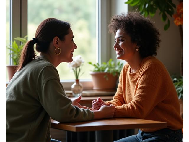 Dos personas compartiendo una conversación empática con luz cálida