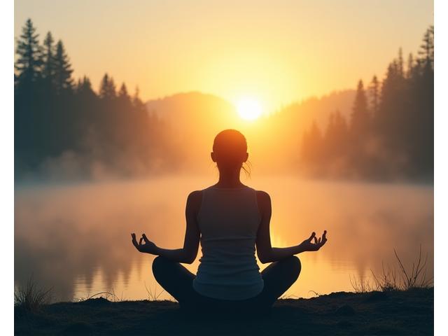 Persona meditando en una postura serena con luz suave y elementos naturales