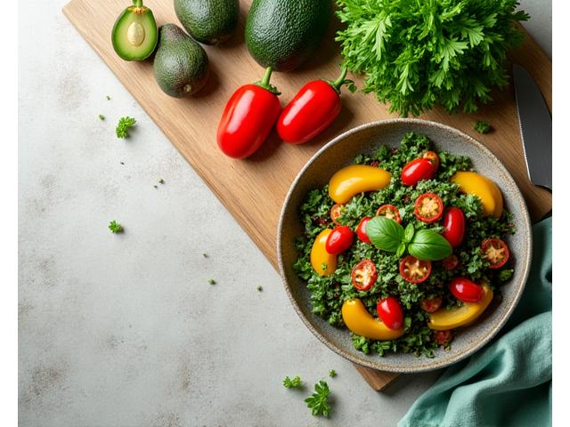 Bowl de alimentos frescos y saludables con utensilios de cocina