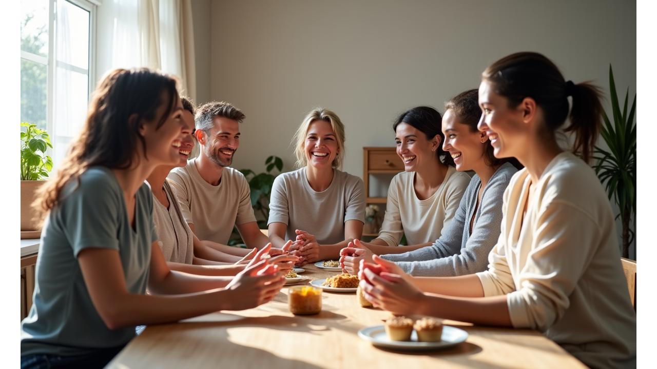 Grupo diverso de personas participando alegremente en un taller de bienestar integral, con un ambiente de aprendizaje y apoyo mutuo.