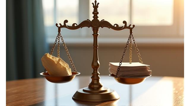 Balanza de la justicia y un papiro, simbolizando los términos legales y un acuerdo justo.